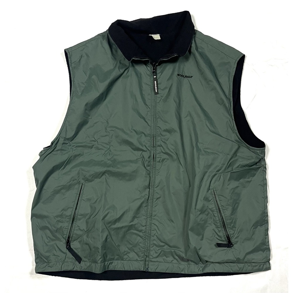 Woolrich Men XL Hunter Green Nylon Reversible Black Fleece Vest Full Zip Outdoor